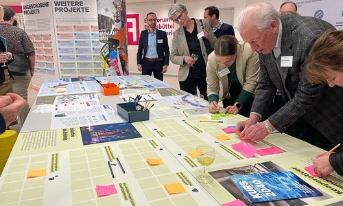 Teilnehmer beschriften Moderationskarten an einem Workshop-Tisch