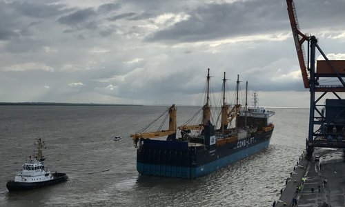 Schlepper zieht ein Segelschiff durch ein Hafenbecken